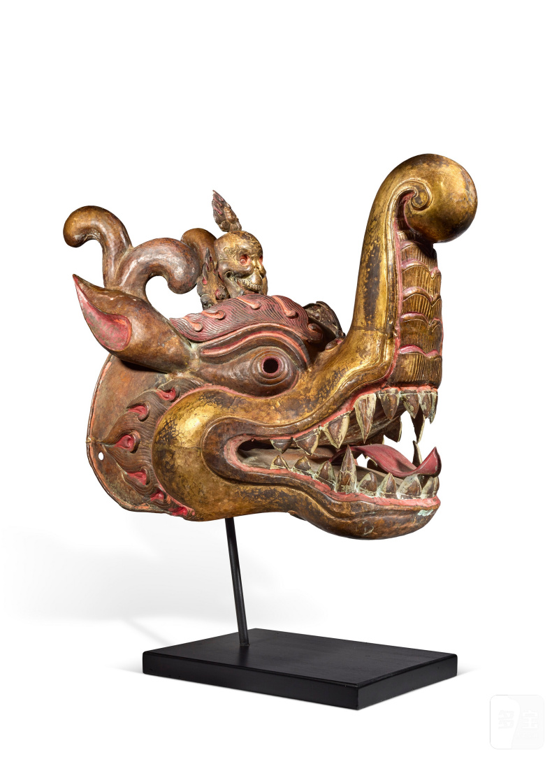 TÊTE DE MAKARA EN BRONZE PARTIELLEMENT DORÉ ET POLYCHROME  TIBET, XIXE SIÈCLE